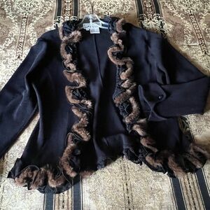 VTG Carlisle Couture Sweater Jacket  Angora trim Black Womens L XL Ruffles